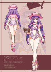 Rule 34 | 1girl, alternate costume, alternate hairstyle, ass, back, book, breasts, capelet, cleavage, clothing cutout, crescent, crescent hair ornament, greetload, hair ornament, hair ribbon, hat, long hair, looking at viewer, medium breasts, multiple views, navel, navel cutout, one-piece swimsuit, patchouli knowledge, pink footwear, purple eyes, purple hair, purple one-piece swimsuit, ribbon, shoes, simple background, striped clothes, striped one-piece swimsuit, swimsuit, touhou, tress ribbon, twintails, very long hair, walking, white background, zoom layer