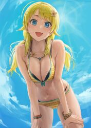 Rule 34 | 1girl, absurdres, ahoge, ano (gccx8784), bikini, blonde hair, blue eyes, blush, bracelet, breasts, cleavage, collarbone, flower, hachimiya meguru, hair flower, hair ornament, hands on own thighs, highres, idolmaster, idolmaster shiny colors, jewelry, large breasts, leaning forward, looking at viewer, navel, outdoors, smile, solo, stomach, sunlight, sweat, swimsuit, twintails, yellow bikini
