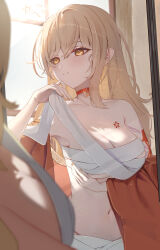 Rule 34 | 1girl, absurdres, blonde hair, blurry, blurry foreground, breasts, butterfly choker, chest sarashi, choker, closed mouth, clothes down, commentary request, dressing, genshin impact, hair between eyes, hair down, highres, indoors, japanese clothes, kimono, large breasts, messy hair, morning, navel, orange choker, orange kimono, reflection, sarashi, sazanami (re n rentaro), signature, solo, twitter username, wide sleeves, yellow eyes, yellow nails, yoimiya (genshin impact)