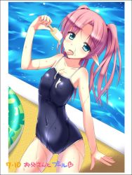 Rule 34 | 1girl, blue eyes, blush, border, cameltoe, competition school swimsuit, covered erect nipples, covered navel, elf, flat chest, food, innertube, kuurunaitsu, one-piece swimsuit, original, pink hair, pointy ears, pool, poolside, popsicle, school swimsuit, sexually suggestive, solo, swim ring, swimsuit, tongue, twintails, wet