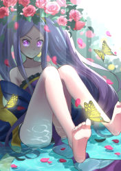Rule 34 | 1girl, bare shoulders, barefoot, bug, butterfly, fate/grand order, fate (series), feet, flower, bug, long hair, looking at viewer, petals, purple eyes, purple hair, rose, rose petals, smile, soles, toes, twintails, water, wu zetian (fate)