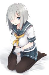 Rule 34 | 1girl, between legs, blue eyes, blue skirt, breasts, collarbone, gloves, hair ornament, hair over one eye, hairclip, hamakaze (kancolle), hand between legs, hand on own arm, highres, kantai collection, large breasts, looking at viewer, no shoes, pantyhose, pleated skirt, school uniform, serafuku, short hair, silver hair, simple background, skirt, solo, striped clothes, striped skirt, wataro (watawatawatapon), white background, white gloves