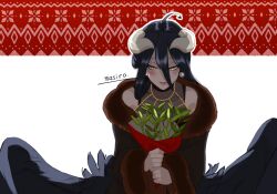 Rule 34 | 1girl, ahoge, albedo (overlord), artist name, black coat, black feathers, black hair, black wings, blush, bouquet, christmas, coat, collarbone, commentary request, demon girl, demon horns, demon wings, earrings, facing viewer, feathered wings, feathers, flower, flower request, fur-trimmed coat, fur trim, gold necklace, hair between eyes, holding, holding bouquet, horns, jewelry, lips, long hair, long sleeves, looking to the side, low horns, low wings, masiro, necklace, overlord (maruyama), parted lips, pearl earrings, red background, see-through, simple background, sleeveless, slit pupils, smile, solo, white background, white horns, wide sleeves, wings, yellow eyes
