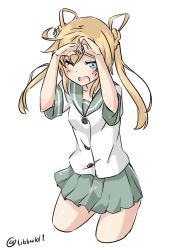 Rule 34 | 10s, 1girl, abukuma (kancolle), ahoge, arms up, bad id, bad twitter id, blonde hair, blue eyes, blush, buttons, collarbone, cowboy shot, cropped legs, double bun, ebifurya, eyebrows, green shirt, hair bun, hands on own face, highres, inactive account, kantai collection, long hair, looking at viewer, one eye closed, open mouth, pleated skirt, school uniform, serafuku, shirt, short sleeves, sidelocks, simple background, skirt, solo, tears, twintails, twitter username, white background