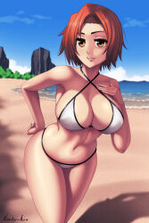 Rule 34 | 1girl, beach, bikini, bleach, breasts, cleavage, hand on own chest, hand on own hip, highres, kurosaki masaki, large breasts, leaning forward, legs, looking at viewer, navel, ocean, orange hair, parted lips, pink lips, rocky-ace, seductive smile, short hair, smile, swimsuit, thighs, toned, water, yellow eyes