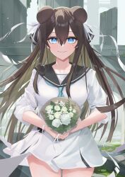 Rule 34 | 1girl, blue eyes, bouquet, breasts, brown hair, brown sailor collar, character request, closed mouth, commentary request, copyright request, cowboy shot, crossed bangs, double bun, dress, flower, grey neckerchief, hair between eyes, hair bun, hair ribbon, highres, holding, holding bouquet, looking at viewer, medium breasts, mole, mole under eye, neckerchief, outdoors, ribbon, sailor collar, sailor dress, shian-chu, sidelocks, sleeves past elbows, sleeves rolled up, smile, solo, standing, thigh gap, white dress, wind