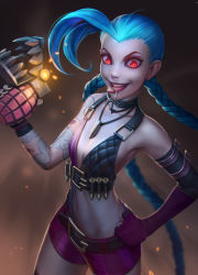 Rule 34 | 1girl, :p, ahoge, bare shoulders, belt, blue hair, braid, bullet necklace, explosive, fingerless gloves, flat chest, gloves, grenade, hand on own hip, highres, huge ahoge, jinx (league of legends), league of legends, long hair, nail polish, nikonov aleksand, red eyes, short shorts, shorts, smile, solo, tattoo, thighs, tongue, tongue out, twin braids, very long hair