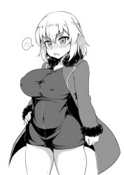 Rule 34 | 1girl, anger vein, blush, breasts, cleavage, coat, commentary, cosplay, covered erect nipples, covered navel, cowboy shot, dress, fate/apocrypha, fate (series), frown, fur-trimmed sleeves, fur collar, fur trim, greyscale, hand on own hip, itsumi erika, jeanne d&#039;arc (fate), jeanne d&#039;arc (fate) (cosplay), jeanne d&#039;arc (ruler) (fate), jeanne d&#039;arc alter (fate), jeanne d&#039;arc alter (ver. shinjuku 1999) (fate), large breasts, long hair, long sleeves, looking at viewer, microdress, monochrome, official alternate costume, open clothes, open coat, open mouth, shanaharuhi, solo, spoken anger vein, standing, sweat, sweatdrop