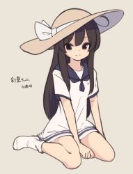Rule 34 | 1girl, ahoge, between legs, blue sailor collar, bow, brown background, brown eyes, brown hair, brown hat, closed mouth, dress, full body, hair between eyes, hand between legs, hat, hat bow, long hair, natsuki teru, no shoes, original, sailor collar, sailor dress, shikibe ayaka, short sleeves, simple background, sitting, smile, socks, solo, translation request, very long hair, wariza, white bow, white dress, white socks