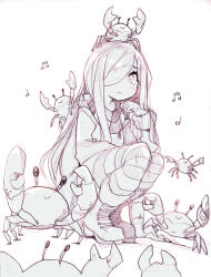 Rule 34 | 1girl, blush, boots, character request, check character, commentary, crab, crab on shoulder, eyelashes, hair over one eye, happy, long hair, monochrome, original, parororo, simple background, sitting, sketch, smile, solo, white background