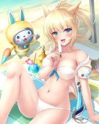 Rule 34 | 10s, 1girl, :d, animal ears, bad id, bad pixiv id, bare shoulders, beach, beach towel, bikini, blonde hair, blue eyes, blush, blush stickers, breasts, brown hat, cat ears, cat tail, cocktail glass, collarbone, creature, crossover, cup, drinking glass, drinking straw, eyebrows, final fantasy, final fantasy xiv, flower, food, front-tie bikini top, front-tie top, fruit, green eyes, hat, heterochromia, highres, holding, holding food, knee up, lemon, lemon slice, long hair, looking at viewer, medium breasts, miqo&#039;te, navel, off shoulder, open clothes, open mouth, open shirt, orchid, outdoors, pole, revision, sand, shadow, shirt, shore, short sleeves, smile, stomach, strapless, strapless bikini, straw hat, swimsuit, tail, thumbs up, tiphereth, towel, tropical drink, unbuttoned, unbuttoned shirt, unworn hat, unworn headwear, usapyon, warrior of light (ff14), youkai watch