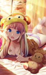 Rule 34 | 1girl, animal costume, ass, barefoot, blue eyes, blunt bangs, bow, bow panties, breasts, brown hair, brown shirt, cleavage, cloud, cloudy sky, curtains, drawstring, fang, highres, indoors, large breasts, light particles, london inu, long hair, looking at viewer, lying, monkey costume, on bed, on stomach, open clothes, open mouth, open shirt, original, panties, purple panties, shirt, sky, solo, striped clothes, striped panties, stuffed monkey, stuffed toy, sunset, two-tone panties, underwear, white panties, window
