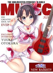 Rule 34 | 1girl, bang dream!, bass guitar, black hair, blackheartxiii, blush, breasts, choker, collarbone, commentary, cover, crop top, drop shadow, english text, eyebrows hidden by hair, fake magazine cover, full body, grey eyes, groin, hair between eyes, hairband, highres, holding, holding instrument, idolmaster, idolmaster cinderella girls, imai lisa, instrument, looking at viewer, magazine cover, midriff, nakashima yuki, navel, neckerchief, otokura yuuki, pink hairband, pink vest, puffy short sleeves, puffy sleeves, red neckerchief, red ribbon, ribbon, sailor collar, shirt, shoes, short hair, short sleeves, shorts, sidelocks, simple background, sitting, small breasts, smile, solo, star (symbol), star choker, v, vest, voice actor connection, wariza, white background, white choker, white footwear, white sailor collar, white shirt, white shorts, wrist cuffs