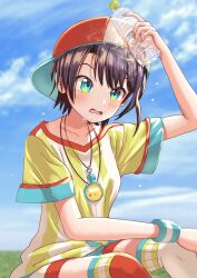 Rule 34 | 1girl, absurdres, backwards hat, baseball cap, black hair, blue eyes, grass, hat, highres, hololive, lingmu, loose clothes, loose shirt, on grass, oozora subaru, oozora subaru (1st costume), open mouth, plastic bottle, red hat, shirt, sky, striped clothes, striped shirt, sweat, sweatband, two-tone shirt, vertical-striped clothes, vertical-striped shirt, virtual youtuber, white shirt, yellow shirt