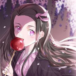 Rule 34 | 1girl, bad id, bad pixiv id, black hair, blush, candy apple, food, hair ribbon, holding, holding food, japanese clothes, kamado nezuko, kimetsu no yaiba, kimono, long hair, long sleeves, looking at viewer, morinohito, pink eyes, pink kimono, pink ribbon, ribbon, solo, very long hair