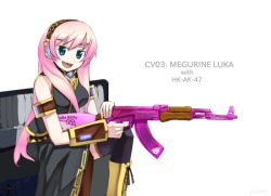 Rule 34 | 1girl, blue eyes, boots, breasts, detached sleeves, gun, headset, hello kitty, knee boots, large breasts, long hair, megurine luka, pink hair, rifle, sanrio, sitting, skirt, solo, thighhighs, very long hair, vocaloid, weapon