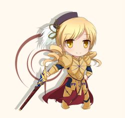 Rule 34 | 1girl, armor, beret, blonde hair, color connection, command spell, cosplay, creator connection, drill hair, ea (fate/stay night), earrings, fate/stay night, fate/zero, fate (series), gilgamesh (fate), gilgamesh (fate) (cosplay), hair ornament, hat, jewelry, magical girl, mahou shoujo madoka magica, mahou shoujo madoka magica (anime), parody, sevendayswar, solo, sword, tomoe mami, urobuchi gen, weapon, white background, yellow eyes