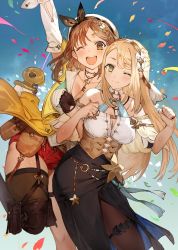 Rule 34 | atelier (series), atelier ryza, atelier ryza 2, belt, beret, black pantyhose, blonde hair, braid, breasts, brown eyes, brown hairband, brown ribbon, brown thighhighs, cleavage, corset, cowboy shot, green eyes, hairband, halterneck, hat, hat ribbon, jacket, jewelry, key, key necklace, klaudia valentz, large breasts, light smile, logo, long hair, long skirt, looking at viewer, medium breasts, necklace, o-ring, o-ring top, official art, pantyhose, pouch, red shorts, reisalin stout, ribbon, scroll, shirt, short shorts, shorts, side slit, sidelocks, single thighhigh, skirt, smile, solo, standing, thick thighs, thigh pouch, thighhighs, thighlet, thighs, toridamono, white headwear, white shirt, yellow jacket
