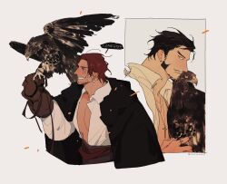Rule 34 | 2boys, bird, black hair, brown gloves, cross, cross necklace, dracule mihawk, earrings, english text, facial hair, gloves, goatee, hawk, highres, jewelry, male focus, multiple boys, necklace, one piece, open clothes, red hair, scar, scar across eye, shanks (one piece), shirt, short hair, sideburns, smile, speech bubble, thi (just minhthi), upper body, white shirt