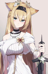 Rule 34 | 1girl, absurdres, animal ears, arknights, beudelb, black hairband, blonde hair, blue eyes, blush, breasts, dress, flower, grey background, hair between eyes, hair flower, hair ornament, hairband, highres, holding, holding sword, holding weapon, horn (arknights), horn (to effloresce whitely) (arknights), jewelry, long hair, medium breasts, necklace, official alternate costume, simple background, solo, sword, upper body, very long hair, weapon, white dress, white flower, wolf ears, wolf girl