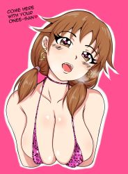 Rule 34 | 1girl, animal print, bikini, blush, breasts, brown eyes, brown hair, cleavage, heart, heart-shaped pupils, highres, idolmaster, idolmaster cinderella girls, katagiri sanae, large breasts, looking at viewer, low twintails, medium hair, mrhunking, open mouth, sagging breasts, smile, solo, swimsuit, symbol-shaped pupils, twintails, upper body