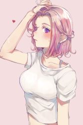 Rule 34 | 1girl, absurdres, arm up, blush, breasts, brown background, collarbone, crop top, ear piercing, forehead, hand in own hair, heart, heremia, highres, looking at viewer, medium breasts, original, parted bangs, parted lips, piercing, pink hair, purple eyes, shirt, short sleeves, simple background, solo, sweat, upper body, white shirt