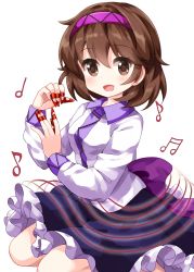 Rule 34 | 1girl, beamed sixteenth notes, black skirt, brown hair, collared shirt, eighth note, frilled skirt, frills, hair between eyes, hairband, highres, instrument, long sleeves, looking at viewer, music, musical note, open mouth, petticoat, pink hairband, playing instrument, quarter note, ruu (tksymkw), seiza, shirt, short hair, simple background, sitting, skirt, smile, solo, staff (music), touhou, tsukumo yatsuhashi, white background, white shirt