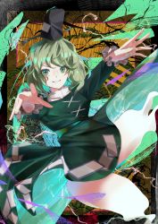 Rule 34 | 1girl, absurdres, black hat, cross-laced clothes, cross-laced dress, dauchimk 1, dress, electricity, ghost tail, green dress, green eyes, green hair, grin, hat, highres, looking at viewer, ofuda, ofuda on clothes, short hair, smile, soga no tojiko, solo, tate eboshi, touhou, v-shaped eyebrows