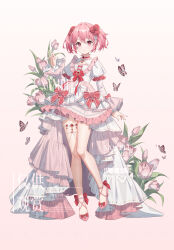 Rule 34 | 1girl, absurdres, blush, bug, butterfly, dress, flower, frilled dress, frills, full body, hair ribbon, high heels, highres, image sample, insect, kaname madoka, knees together feet apart, long sleeves, mahou shoujo madoka magica, mahou shoujo madoka magica (anime), pink butterfly, pink eyes, pink flower, pink hair, pink ribbon, pink tulip, pixiv sample, red ribbon, ribbon, sample watermark, short twintails, smile, solo, tujiu sama, tulip, twintails, watermark, white background, white dress