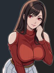 Rule 34 | 1girl, bare shoulders, black background, black hair, blush, breasts, brown hair, cropped legs, final fantasy, final fantasy vii, final fantasy vii remake, hand on own cheek, hand on own face, hand up, highres, large breasts, lepypepy, long hair, looking at viewer, nose blush, off-shoulder sweater, off shoulder, red eyes, red sweater, ribbed sweater, simple background, skirt, smile, solo, sweater, taut clothes, taut sweater, tifa lockhart, turtleneck, turtleneck sweater, upper body