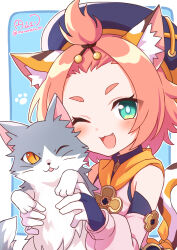 1girl :3 :d animal animal_ear_fluff animal_ears aqua_eyes artist_name bangs_pinned_back cat cat_ears cat_girl cat_tail commentary diona_(genshin_impact) fang genshin_impact highres holding holding_animal holding_cat looking_at_viewer maruyama_en one_eye_closed open_mouth pink_hair signature smile solo tail