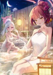 Rule 34 | 2girls, absurdres, aru (blue archive), bamboo, blue archive, breasts, crescent moon, geomdaeng, grey hair, grin, halo, highres, large breasts, long hair, looking at viewer, medium breasts, moon, multiple girls, mutsuki (blue archive), naked towel, night, onsen, open mouth, outdoors, pink halo, purple eyes, red hair, smile, towel, v, water, white towel, yellow eyes
