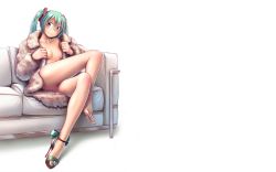 Rule 34 | 1girl, aqua eyes, aqua hair, aqua nails, barefoot, breasts, casual nudity, cleft of venus, coat, couch, feet, green nails, hatsune miku, high heels, highres, crossed legs, lips, nail polish, naked coat, nude, pussy, shoes, single shoe, sitting, smile, solo, third-party edit, toenail polish, toenails, toes, twintails, uncensored, vocaloid, white background, wokada