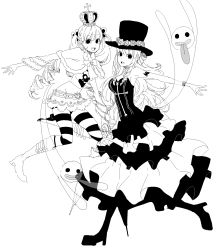 Rule 34 | 1girl, bare shoulders, belt, black eyes, boots, bow, braid, crown, curly hair, dress, dual persona, female focus, flower, flying, full body, fur trim, ghost, greyscale, hat, high heel boots, high heels, highres, jolly roger, long hair, looking at viewer, mini crown, monochrome, naruto maki, one piece, perona, rose, sabaody archipelago, short cape, skirt, striped legwear, tattoo, thriller bark, time paradox, top hat, twintails, umbrella, watch, wristwatch