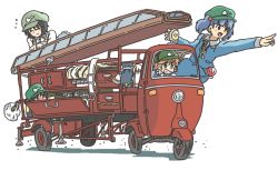 Rule 34 | 4girls, aoyoshi, backpack, bag, black hair, blue eyes, blue hair, blush, brown eyes, car, clenched teeth, dark haired kappa, extra, fire truck, glasses, groceries, grocery bag, hair bobbles, hair ornament, hat, hose, in container, kappa, kappa mob (touhou), kawashiro nitori, key, ladder, motor vehicle, multiple girls, needle, nose blush, open mouth, pointing, pointing forward, shopping bag, short hair, simple background, smile, teeth, touhou, truck, twintails, two side up, vehicle, vehicle focus, wavy mouth, white background