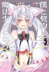 Rule 34 | 10s, 1boy, absurdres, androgynous, animal ears, bad id, bad pixiv id, bare shoulders, child, fingerless gloves, gloves, highres, iku2727, kyubey, long hair, mahou shoujo madoka magica, mahou shoujo madoka magica (anime), make a contract, male focus, midriff, navel, open mouth, personification, red eyes, silver hair, twintails