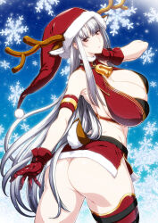 Rule 34 | 1girl, ass, breasts, christmas, cleavage, deer tail, gloves, grey hair, highres, huge breasts, large breasts, long hair, looking at viewer, looking back, red eyes, red gloves, snowflakes, solo, tail, very long hair, white hair