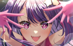 Rule 34 | 1girl, blush, commentary, double v, dress, english commentary, gloves, hair ornament, hoshino ai (oshi no ko), idol, long hair, multicolored eyes, open mouth, orihimestudio, oshi no ko, pink dress, pink eyes, pink gloves, purple eyes, purple hair, rabbit hair ornament, solo, sparkle, star-shaped pupils, star (symbol), symbol-shaped pupils, v, v over eye, watermark