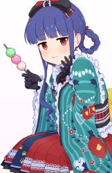 1girl absurdres animal_print black_bow black_gloves blue_hair blue_kimono blush bow braid braided_hair_rings cat_print closed_mouth commentary_request dango eating floral_print floral_print_kimono food frilled_kimono frills glove_bow gloves hair_bow hair_rings hand_on_own_cheek hand_on_own_face highres holding holding_food idolmaster idolmaster_cinderella_girls japanese_clothes jitome kimono long_sleeves medium_hair montamo739 paw_print paw_print_pattern plaid_bow pleated_skirt print_kimono red_bow red_eyes red_skirt sajo_yukimi sanshoku_dango simple_background sitting skirt solo striped_clothes striped_kimono wagashi white_background wide_sleeves