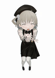 Rule 34 | 1girl, absurdres, arm support, beret, black headwear, black ribbon, black skirt, brown eyes, commentary, dated commentary, flower, foreshortening, from above, full body, hair flower, hair ornament, hair ribbon, half-closed eyes, hand up, hat, hatoba tsugu, highres, holding pill, light brown hair, loafers, long sleeves, looking at viewer, looking up, mole, mole under eye, neck ribbon, open mouth, pantyhose, raised eyebrows, rei ki kai hou, ribbon, rose, saliva, saliva trail, shirt, shirt tucked in, shoes, short hair, simple background, single hair ring, sitting, skirt, suspender skirt, suspenders, tongue, tongue out, tsugu (vtuber), virtual youtuber, white background, white flower, white pantyhose, white rose, white shirt