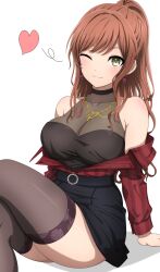 Rule 34 | 1girl, ;), absurdres, armpit crease, arms at sides, bang dream!, bare shoulders, black shirt, black skirt, blush, breasts, brown hair, brown thighhighs, chain necklace, cleavage, closed mouth, collarbone, commentary, cowboy shot, crossed legs, earrings, floral print, green eyes, halterneck, heart, heart necklace, high-waist skirt, high ponytail, highres, imai lisa, jewelry, large breasts, long hair, long sleeves, looking at viewer, miniskirt, necklace, noshimurin, off shoulder, one eye closed, ponytail, print thighhighs, rabbit earrings, red shirt, rose print, see-through, shirt, shirt tucked in, sidelocks, simple background, sitting, skirt, sleeveless, sleeveless shirt, smile, solo, striped clothes, striped shirt, thighhighs, v-shaped eyebrows, vertical-striped clothes, vertical-striped shirt, wavy hair, white shirt