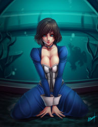 Rule 34 | 1girl, areola slip, arm support, bioshock, bioshock (series), bioshock infinite, blue dress, blue eyes, bob cut, breasts, brown hair, choker, cleavage, corset, dress, elizabeth (bioshock infinite), female focus, highres, jewelry, karosu maker, large breasts, lips, looking at viewer, necklace, parted lips, short hair, sitting, solo, striped, v arms, wariza