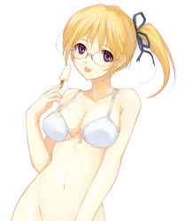 Rule 34 | blonde hair, bottomless, bra, brown eyes, dasoku sentarou, food, glasses, ice cream, lingerie, out-of-frame censoring, popsicle, round eyewear, simple background, solo, swimsuit, underwear, white background