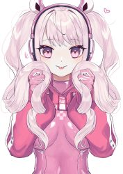 Rule 34 | 1girl, alice (nikke), alisame, blush, bodysuit, breasts, bunching hair, gloves, goddess of victory: nikke, headphones, heart, highres, long hair, long sleeves, looking at viewer, medium breasts, pink bodysuit, pink eyes, pink gloves, pink hair, shrug (clothing), simple background, solo, twintails, upper body, white background