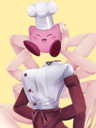 Rule 34 | 1girl, arthropod limbs, chainsaw man, chef, chef hat, closed eyes, crossover, dated, extra arms, falling devil (chainsaw man), hat, headless, highres, holding, k.nock, kirby, kirby (series), long arms, nintendo, open mouth, pants, red pants, shirt, signature, simple background, standing, white shirt, yellow background