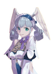 Rule 34 | 1girl, absurdres, blue eyes, breasts, cape, curly hair, dress, gloves, grey hair, head wings, highres, kucheat zg, long hair, looking at viewer, medium breasts, melia antiqua, o-ring, short dress, simple background, smile, solo, thighhighs, wings, xenoblade chronicles: future connected, xenoblade chronicles (series), xenoblade chronicles 1