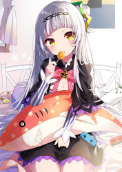 Rule 34 | 1girl, barefoot, bed, black capelet, black skirt, blunt bangs, blush, bottle, candy, capelet, curtains, food, hair bun, hair ornament, highres, holding, holding food, hololive, indoors, joy-con, lollipop, long hair, long sleeves, looking at viewer, murasaki shion, murasaki shion (1st costume), nintendo switch, on bed, one side up, perfume bottle, pillow, pinstripe pattern, pinstripe shirt, poster (object), seiza, shirt, silver hair, single hair bun, single side bun, sitting, skirt, solo, star (symbol), striped clothes, striped shirt, stuffed animal, stuffed shark, stuffed toy, vertical-striped clothes, vertical-striped shirt, virtual youtuber, window, yellow eyes, yon (letter)