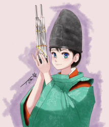 Rule 34 | 1girl, black hair, blue eyes, blush, chutohampa, hands up, hat, holding, instrument, looking at viewer, original, short hair, signature, smile, solo
