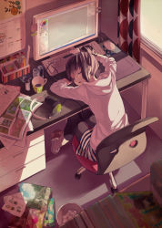 Rule 34 | 1girl, animal slippers, bad id, bad pixiv id, black leggings, booota, brown hair, buuta, calendar (object), can, chair, closed eyes, computer, cup, desk, drawing tablet, from above, hair bun, head rest, headphones, highres, hood, hoodie, indoors, keyboard (computer), leggings, magazine (object), monitor, mouse (computer), mug, office chair, open mouth, original, painttool sai, pencil, red bull, shirt, short hair, single hair bun, sitting, sketchbook, sleeping, sleeves pushed up, slippers, solo, striped clothes, striped shirt, stylus, sunglasses, swivel chair, twilight