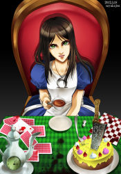 Rule 34 | 1girl, alice: madness returns, alice (alice in wonderland), alice liddell (american mcgee&#039;s alice), american mcgee&#039;s alice, apron, bad perspective, black hair, dress, green eyes, highres, jewelry, long hair, looking at viewer, necklace, nib pen (medium), sayakajou, solo, traditional media